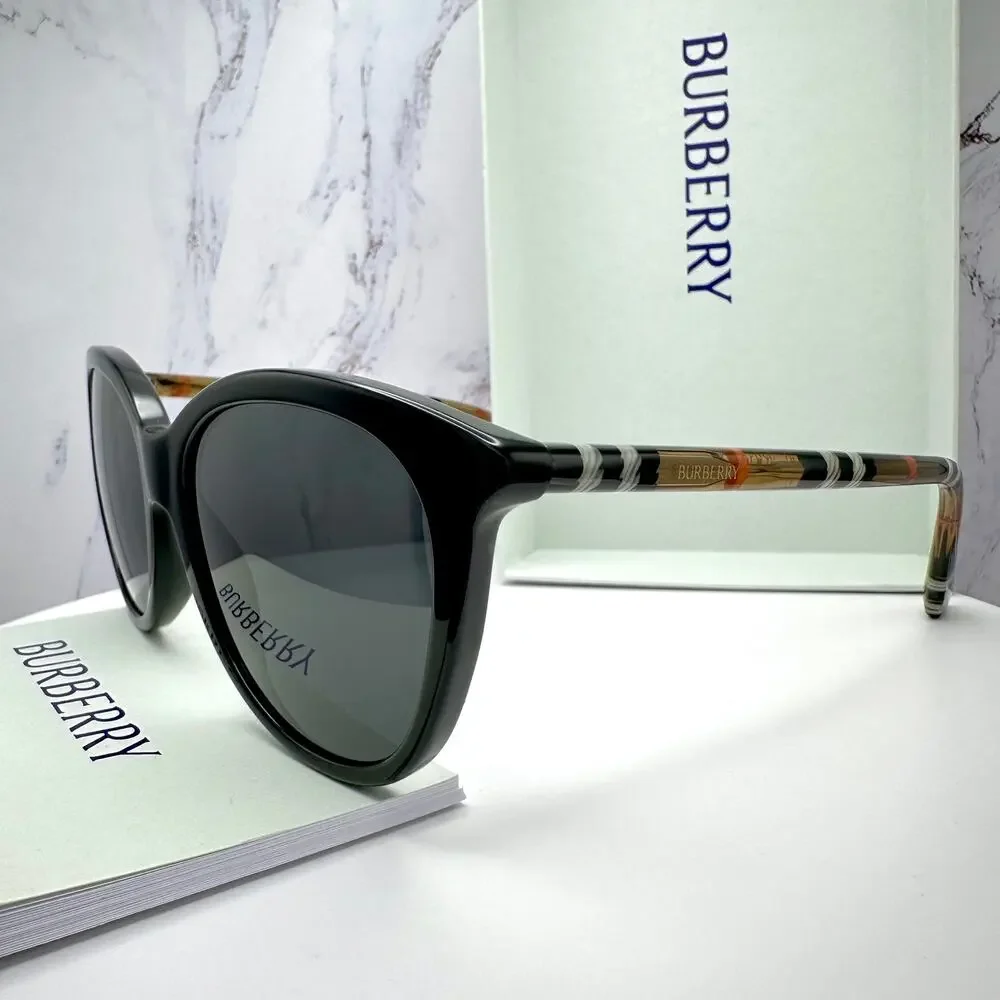 New Burberry Sunglasses Black Front Round Pantos Frame Checkered Arms Gray Lens - Picture 10 of 16